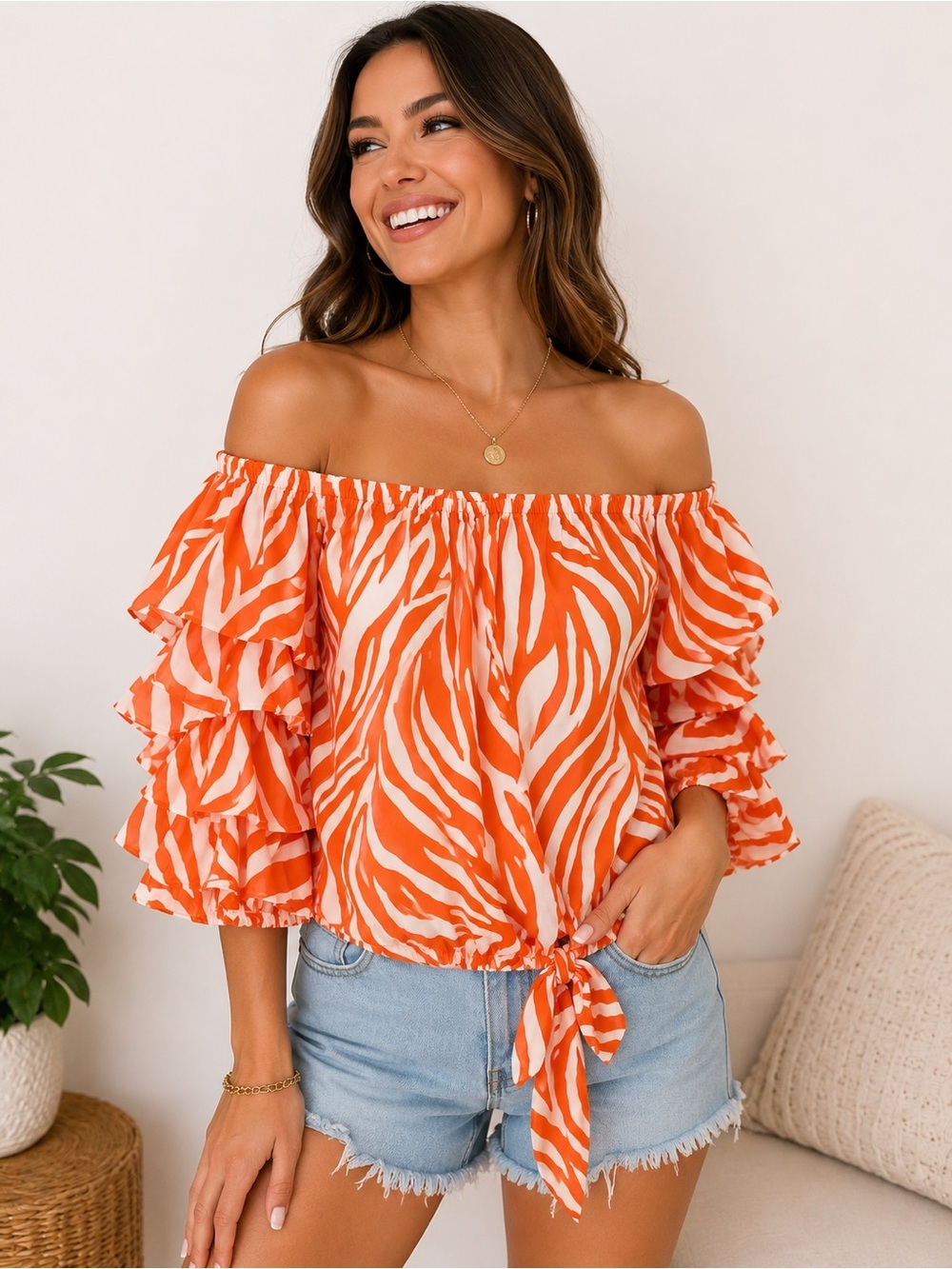 Coco Bianco Orange&White  Off-Shoulder Blouse- Size Medium
